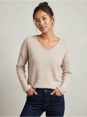 Ripe Ribbed V-Neck Long Sleeve Sweater - Oatmeal/Beige